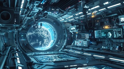 Obraz premium Sci-fi scene of a space station equipped with advanced robotics and automation technology