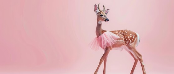A deer dressed as a ballerina, standing gracefully on one hoof in front of a pastel pink background The deer looks elegant and poised, with copy space on the left side