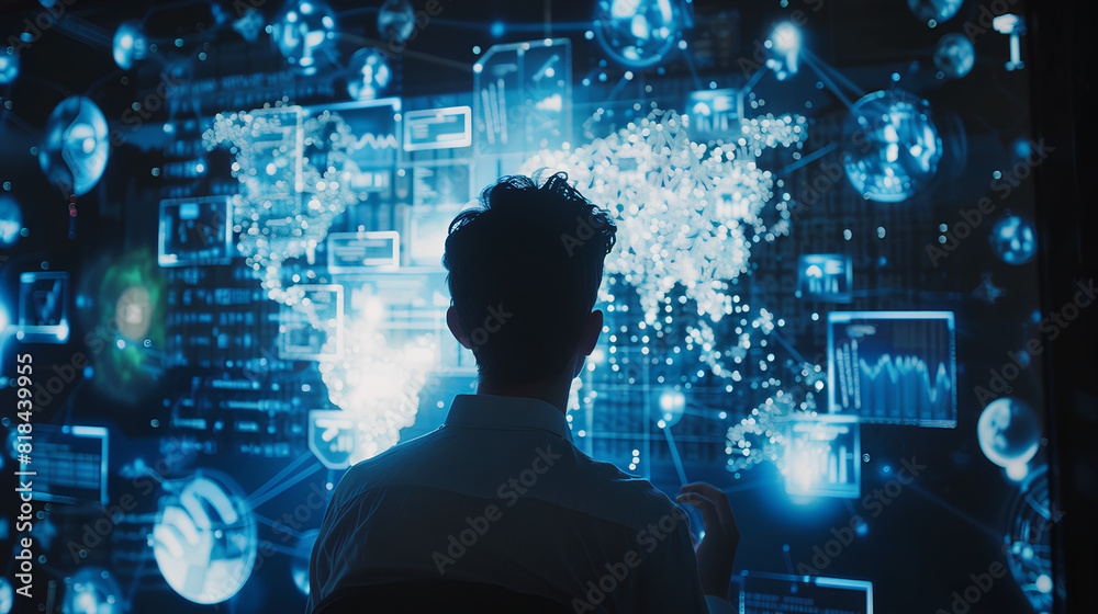 Poster data science, business intelligence. business man using computer devices with internet global networ