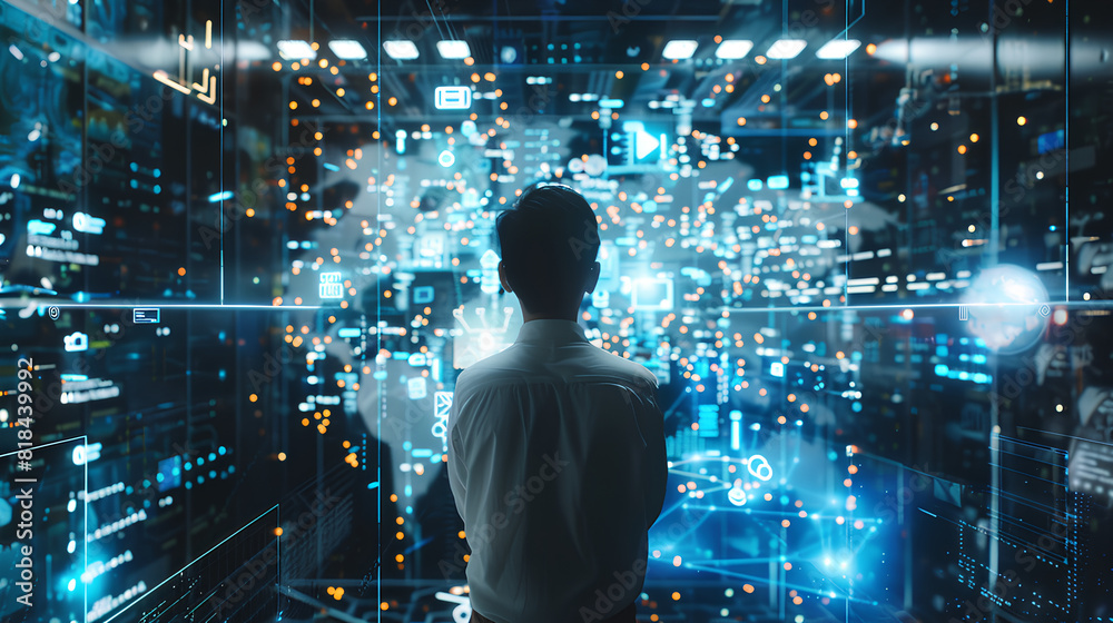 Poster data science, business intelligence. business man using computer devices with internet global networ