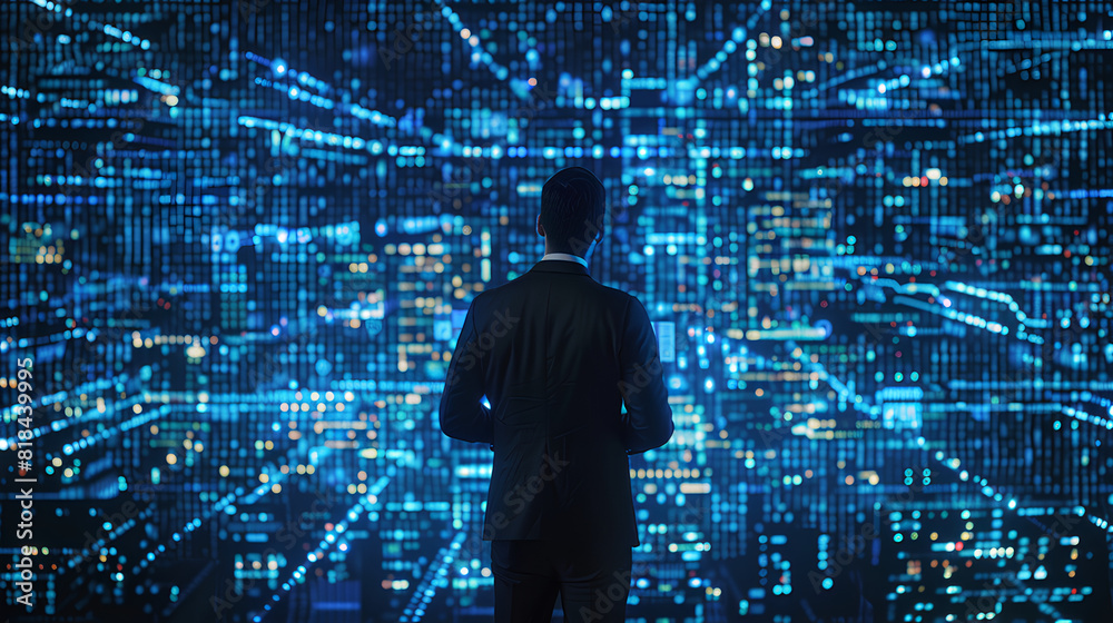 Poster data science, business intelligence. business man using computer devices with internet global networ