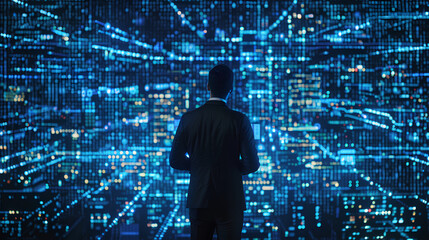 Data science, business intelligence. Business man using computer devices with internet global network technology and big data, cloud computing, AI software development, digital technology