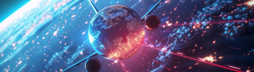 A futuristic airplane flying over a holographic globe with digital landscapes and augmented reality elements