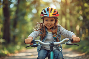 Close-up of transgender parent teaching child to ride a bike, rainbow helmet visible, clean 2D vector design