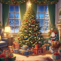 Christmas tree with presents and a santa claus figure in a living room.