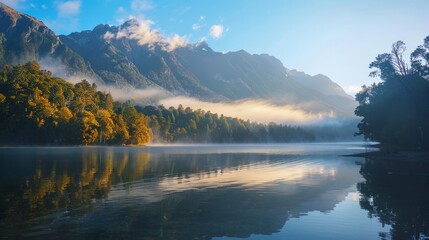 Obraz premium Serene lakeside at dawn with mist hovering over the water