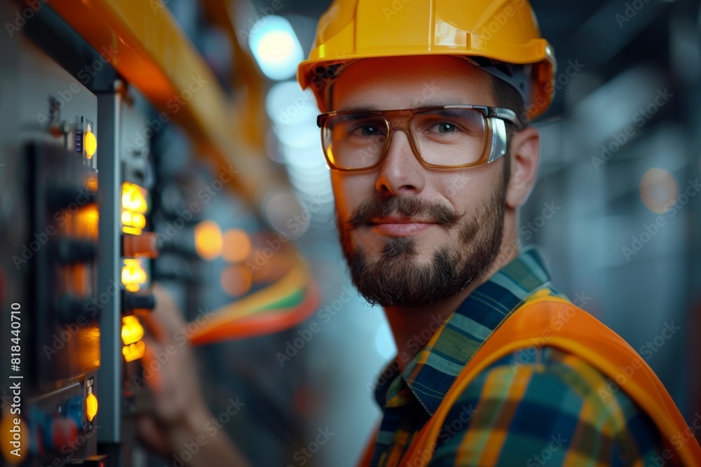 Sticker a man in a yellow helmet and orange vest is smiling at the camera