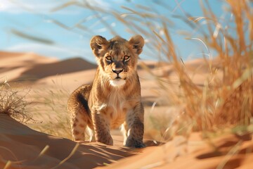 a cute lion in the desert