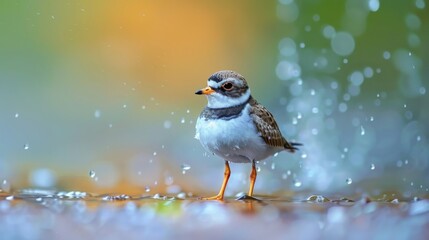 Cute little water bird. Water and sand background. Bird: Common Ringed Plover. Charadrius hiaticula.