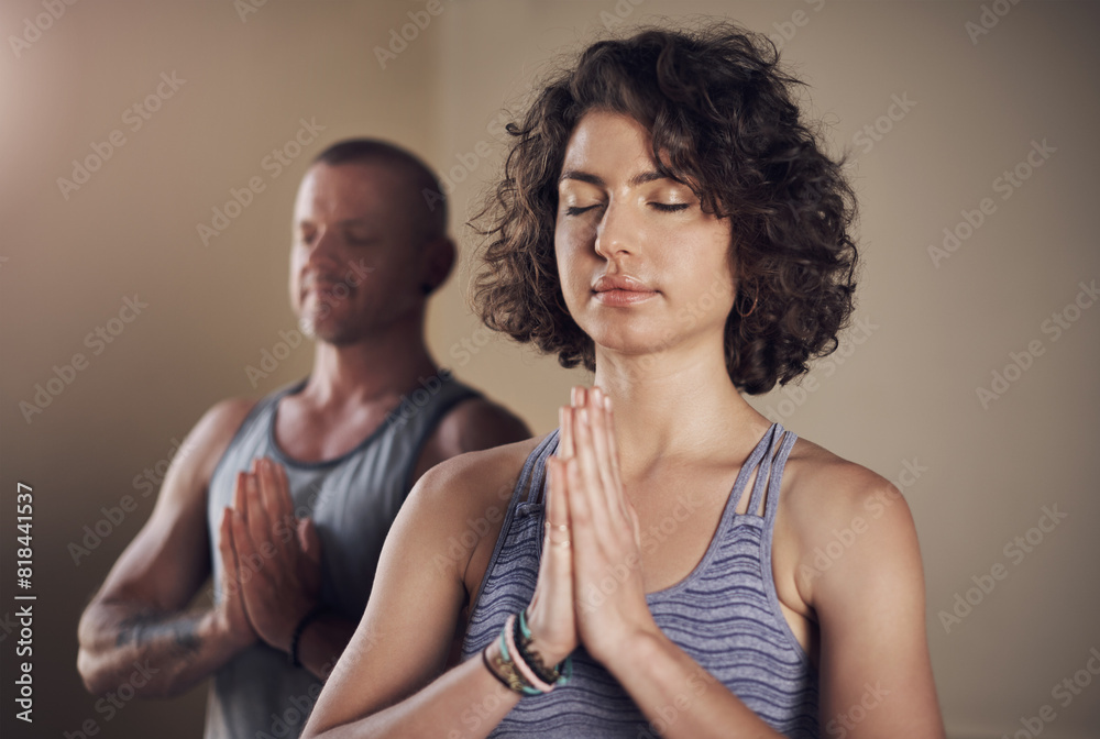 Poster Woman, man and meditation with prayer hands for yoga, relax and holistic health for wellness or zen. Personal trainer, instructor and eyes closed for spiritual, balance and mindfulness with calm