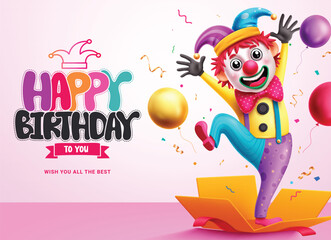 Fototapeta premium Happy birthday greeting vector design. Birthday clown character in open surprise gift box elements in happy, funny and smiling face for kids party celebration template. Vector illustration clown 