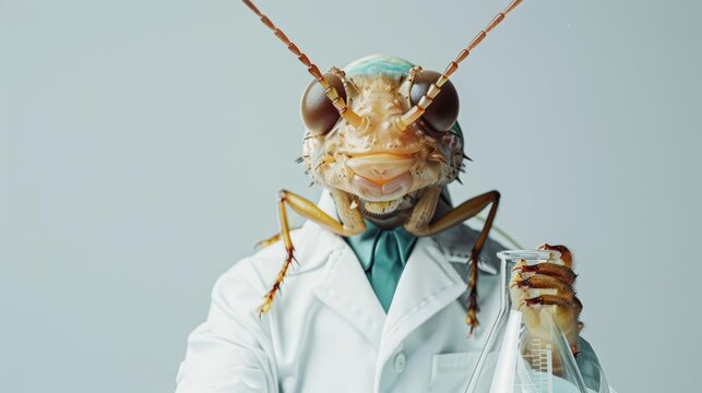 A thrips in a scientists lab coat, holding a beaker and looking focused in front of a sterile white background The thrips looks inquisitive and precise, with copy space at the top