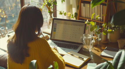 Planner plan schedule calendar and reminder agenda, online work at home. Woman planning daily appointment and write business trip in diary at office desk. Calendar reminder event planning concept