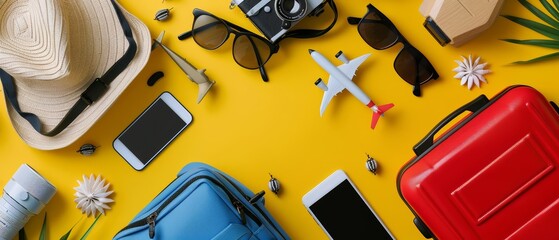 A top view of travel essentials neatly arranged on a vibrant yellow background