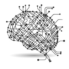 Black Line Diagram of AI Brain Icon on White Background

