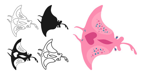 Sea stingray fish cartoon sign set. Ocean ramp fish swimming animal funny kids flat silhouette, symbol icon linear design. Simple comic children drawing. Tropical marine animal art vector illustration