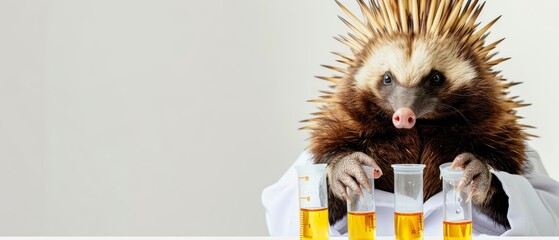 An echidna in a scientists lab coat, holding a test tube in front of a sterile white background The echidna looks inquisitive and methodical, with copy space at the bottom