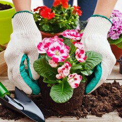 Gardener hands planting flowers detail.