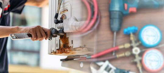 Technicians service for repair and maintenance of air conditioners, Repairman fix air conditioning systems