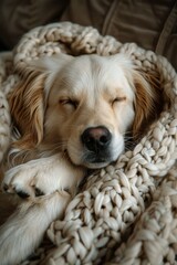 A golden retriever sleeps soundly, wrapped in a thick, cream-colored knit blanket. The dog's peaceful expression and cozy setting evoke a sense of comfort and relaxation.