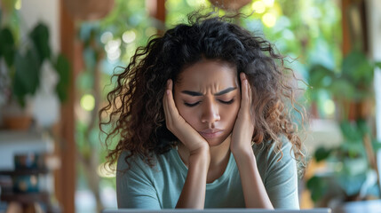 Obraz premium Portrait of a young sad stressed woman feeling overwhelmed and suffering from a headache while sitting in front of her laptop in her home
