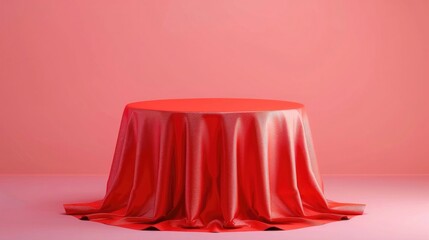Red tablecloth on the podium, pink background, 3D rendering