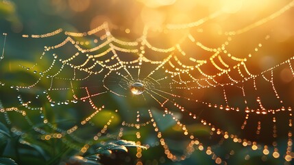 "Nature's Jewels: Dew-Kissed Spider Web in Morning Light"
