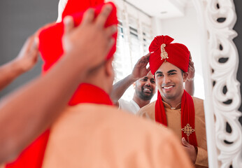 Indian man, smile and attire for wedding, groom and reflection on mirror, happy and ready for ceremony. Fitting, style and fashion of traditional, clothes or marriage of person in Mumbai with tailor