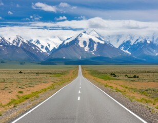 A long road leading towards to hight mountains. Journey concept, copy space for text.