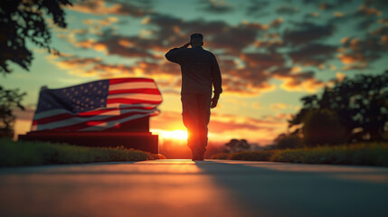 a veteran salutes the american flag in the sunset