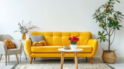 Stylish living room interior with yellow sofa and armchair near table with flowers on carpet against white wall background, real photo