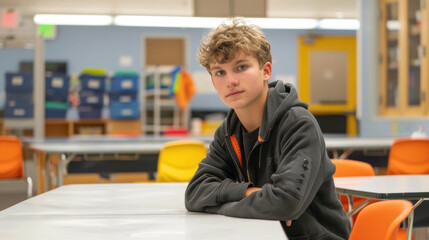 A boy wearing a black hoodie sits at a table in a classroom