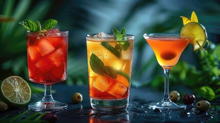 Three different cocktails are displayed in glasses on a table