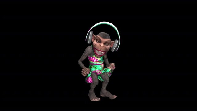 Funny Chimp Girl - Pop Dancing VJ Loop - Alpha Channel - 3D animation of chimpanzee monkey happily jumping with headphone music