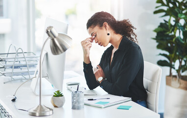 Businesswoman, computer and headache pain or tired stress for burnout, overwhelmed or migraine....