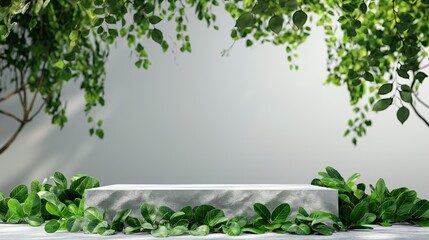 Stone pedestal or platform with tropical plants and grey cement wall background