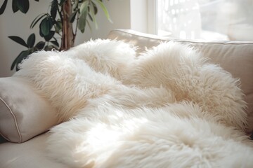 Sofa with fur in the living room. Interior design