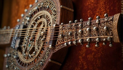 The intricate craftsmanship of a traditional sitar in vivid detail ai_generated
