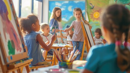 A young girl paints on an easel in an art class, surrounded by her peers, fostering creativity and artistic expression. AIG41