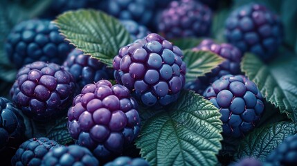 Ripe Organic Blackberries with Fresh Leaves