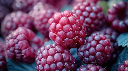 Close-up of Fresh Ripe Raspberries on Vine