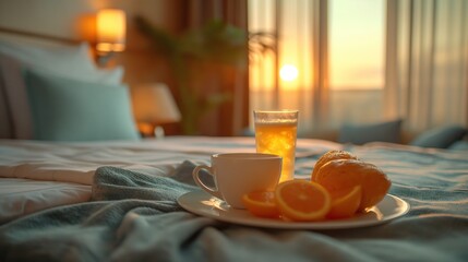 Sunrise Breakfast on Luxurious Hotel Bed