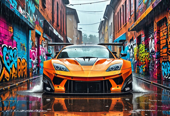 front view orange custom racing car with graffiti wall background