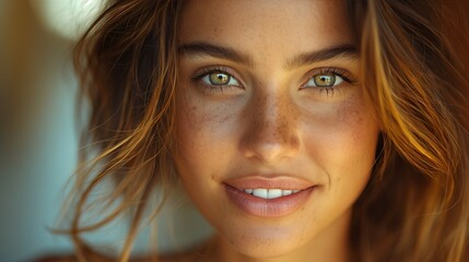 Beautiful Woman with Freckles and Green Eyes
