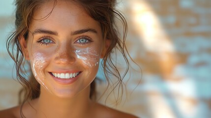 Young Woman Smiling with Sunscreen on Face