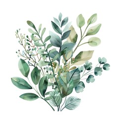 A beautiful watercolor painting of a bouquet of different types of leaves.