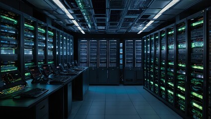 A professional photo of a server room filled with an array of high-tech equipment. 