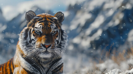 Obraz premium A Siberian Tiger is in the snow mountains, the details of the thick black and orange striped tiger fur are clearly visible, Ai generated Images