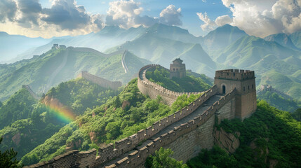 Great Wall of China with a rainbow stretching across the sky, leaving ample room on the left for text