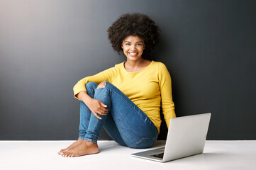 Happy, woman and laptop in portrait on background in streaming, movie for entertainment or...